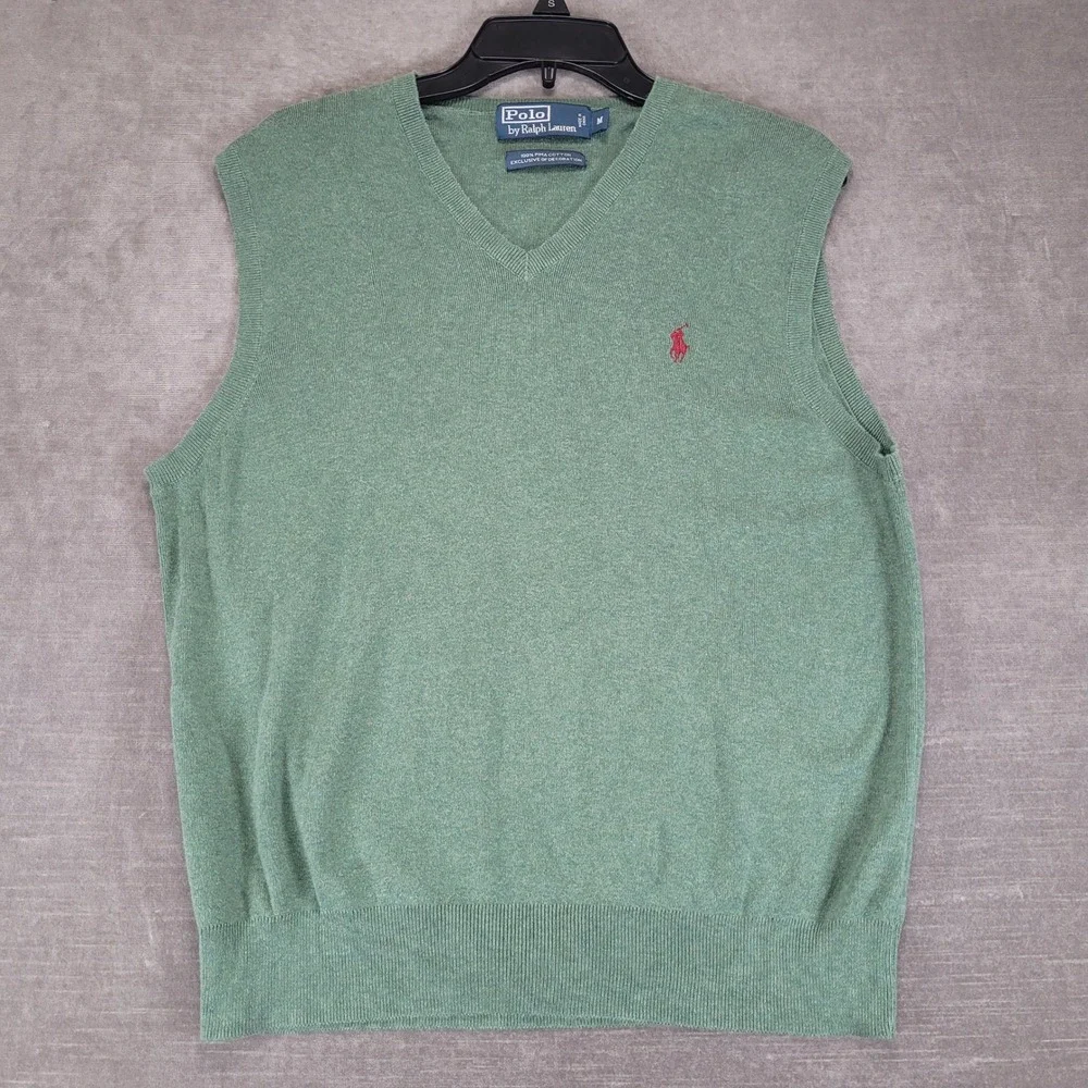 Polo Ralph Lauren Mens Medium Green Pima Cotton V-Neck Sweater Vest Pony Logo